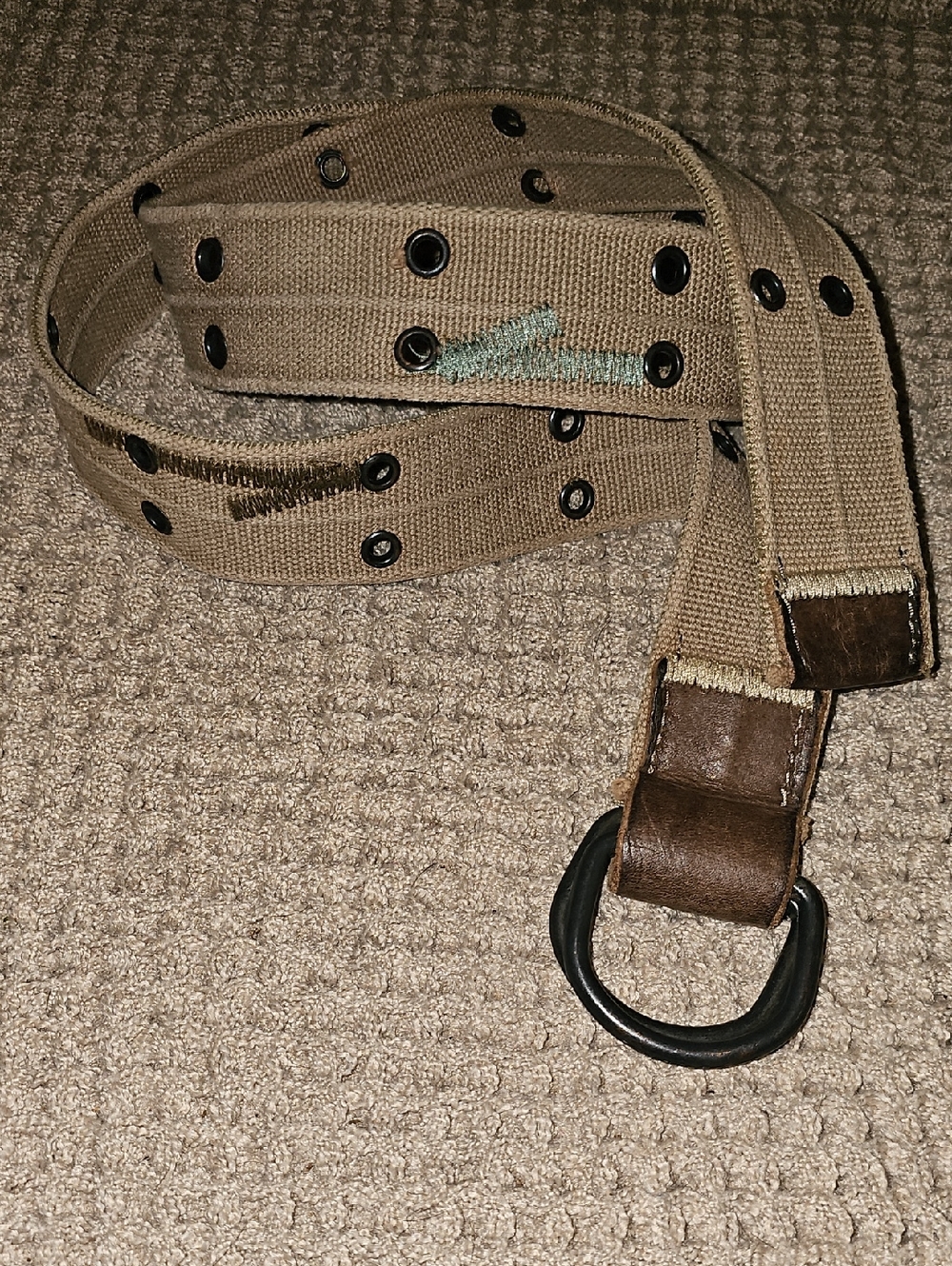 Women's Tan D-Ring Belt with Brown Leather Trim And Decorative Stitching